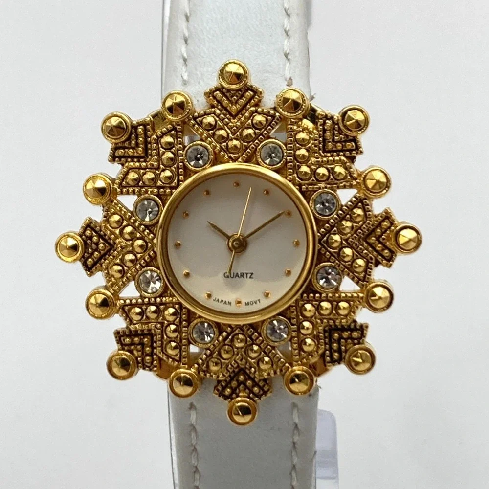 Avon Women's Watch Gold Tone Crystals Bling 35mm White Leather New Battery 7.75